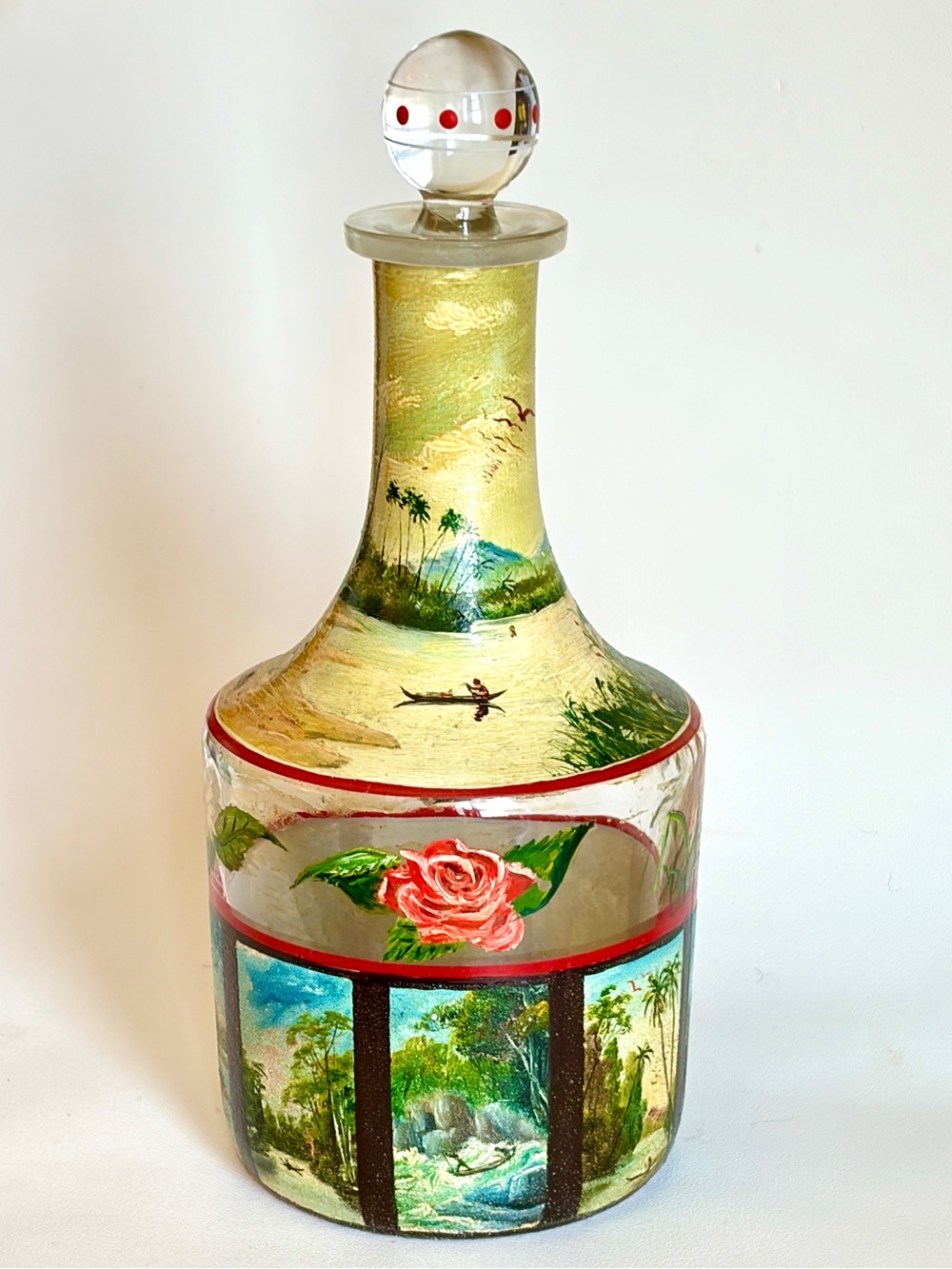 Antique Hand Painted Decanter Glass Bottle + Stopper Tropical Landscape 20s 30s